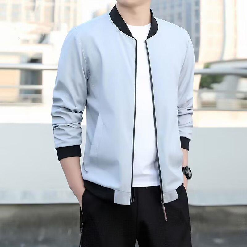 ジャケット 男性用 春秋 纯色 スタジャン ブルゾン アウター トップス 長袖 耐摩耗 聚酯纤维 宽松 日常 学院风 ブラック グレー