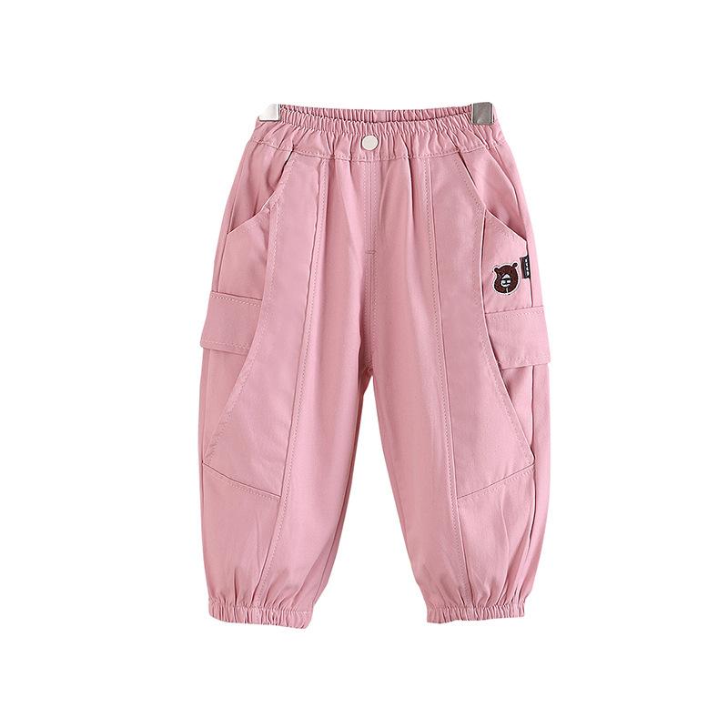 キッズ ベビー服 男女兼用 カーゴパンツ 春秋 ズボン ゆったり カジュアル パンツ 高腰 コットン 幼児 子供 熊 くま アニマル ピンク系 グレー系 ブラック系
