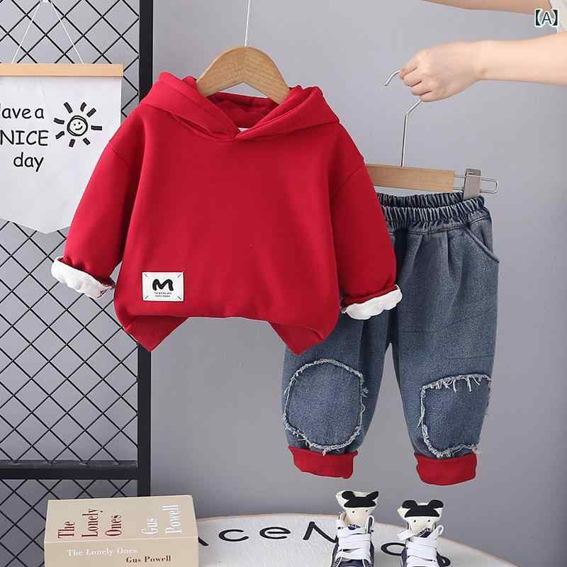 LINEAR shopのキッズ ベビー服 上下セット 秋冬 長袖 裏起毛 フード付き 2点セット 男の子 女の子 かわいい おしゃれ 普段着 部屋着 レッド 深棕色 綿 80 90 100 110 120｜アングル2