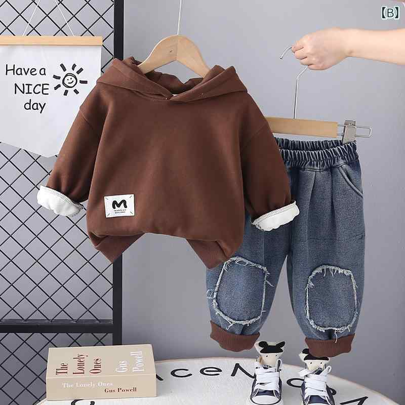 LINEAR shopのキッズ ベビー服 上下セット 秋冬 長袖 裏起毛 フード付き 2点セット 男の子 女の子 かわいい おしゃれ 普段着 部屋着 レッド 深棕色 綿 80 90 100 110 120｜アングル3