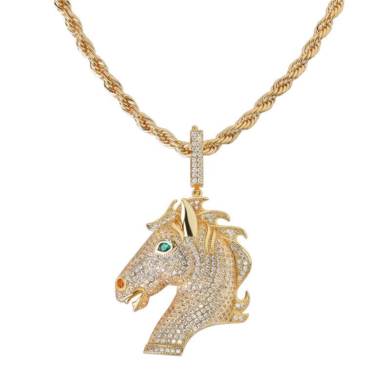 ネックレス 男性用 馬モチーフ ジルコニア 鎖骨チェーン ゴールドカラー シルバーカラー レトロ アニマ..