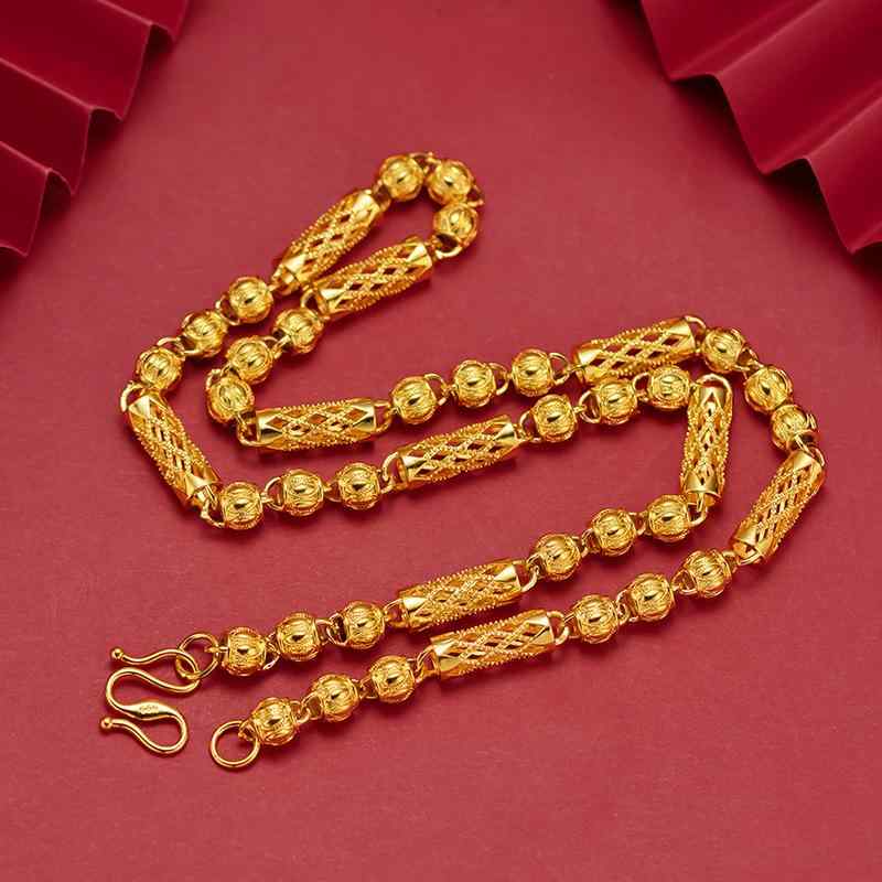Beads - ネックレス 男性用 彫刻 ラッキーアイテム 透かし彫り 網目 円柱 ランタン ビーズ ゴールドカラー 60cm 縁起物 レトロ