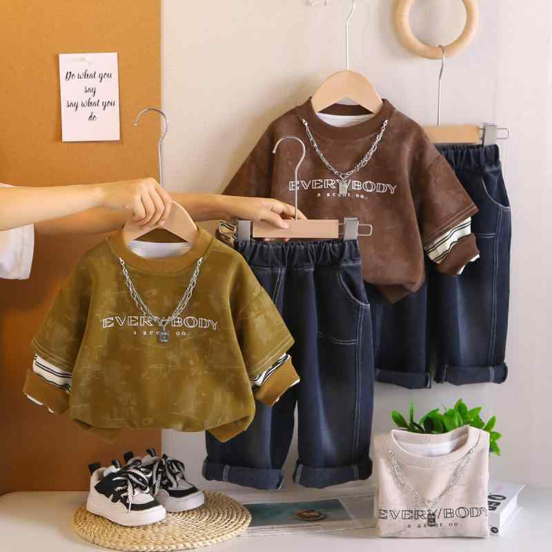 子供用スウェットパンツ セットアップ ボーイズ ベビー服 上下セット 長袖Tシャツ ロングパンツ 2点セット 幼児 普段着 かわいい 春秋 綿 グリーン ブラウン ベージュ 80 90 100 110 120cm