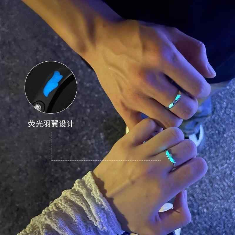 指輪 ペアリング レディース メンズ 夜光 天使の翼 シルバー999 銀製 フリーサイズ 電気メッキ加工 ラッキーアイテム