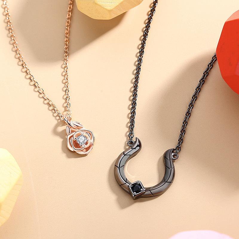 Pearl White - ネックレス レディース ペア シルバー ローズ ジルコニア 幾何学模様 U字 ペンダント チョーカー チェーンネックレス 女性用 男性用 バレンタインデー ギフト