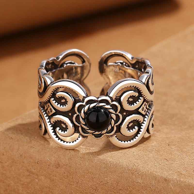 指輪 メンズ レディース 復古 モンゴル 花柄 黒瑪瑙 リング 男女兼用 オープンリング サイズ調整可能 フラワー レトロ 文芸 銅製1