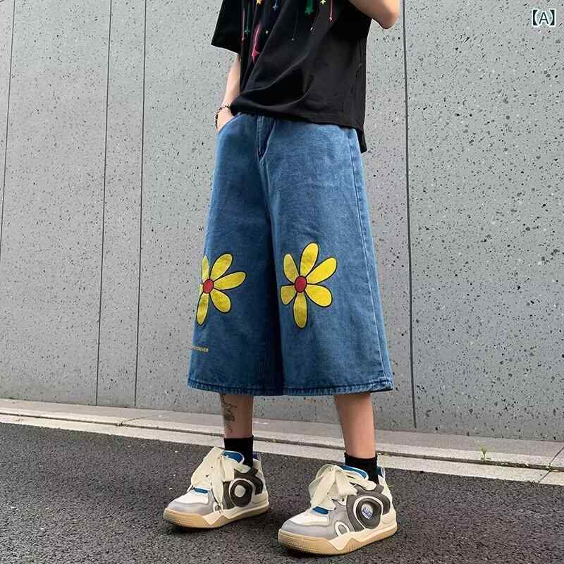 デニム レディース ショートパンツ 高 Street 刺繍 キュロット ワイドレッグ カジュアル ハーフパンツ 7分丈 春夏 高 Street スタイル