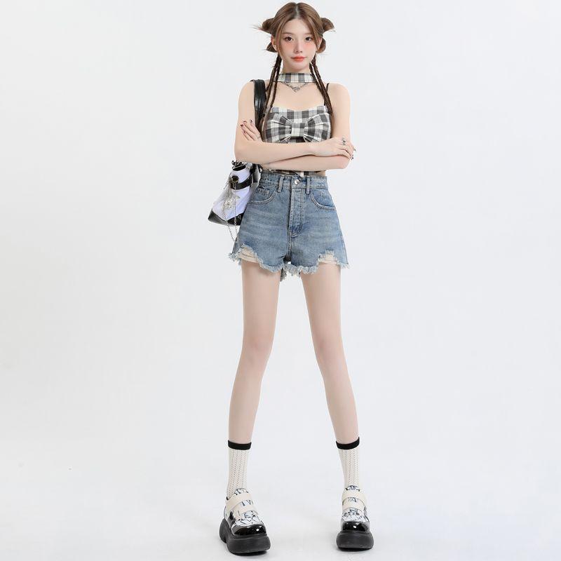 デニム レディース 高腰 ショートパンツ Aライン ダメージ加工 ウォッシュ加工 ホットパンツ カジュアル 韓国 綿 快適