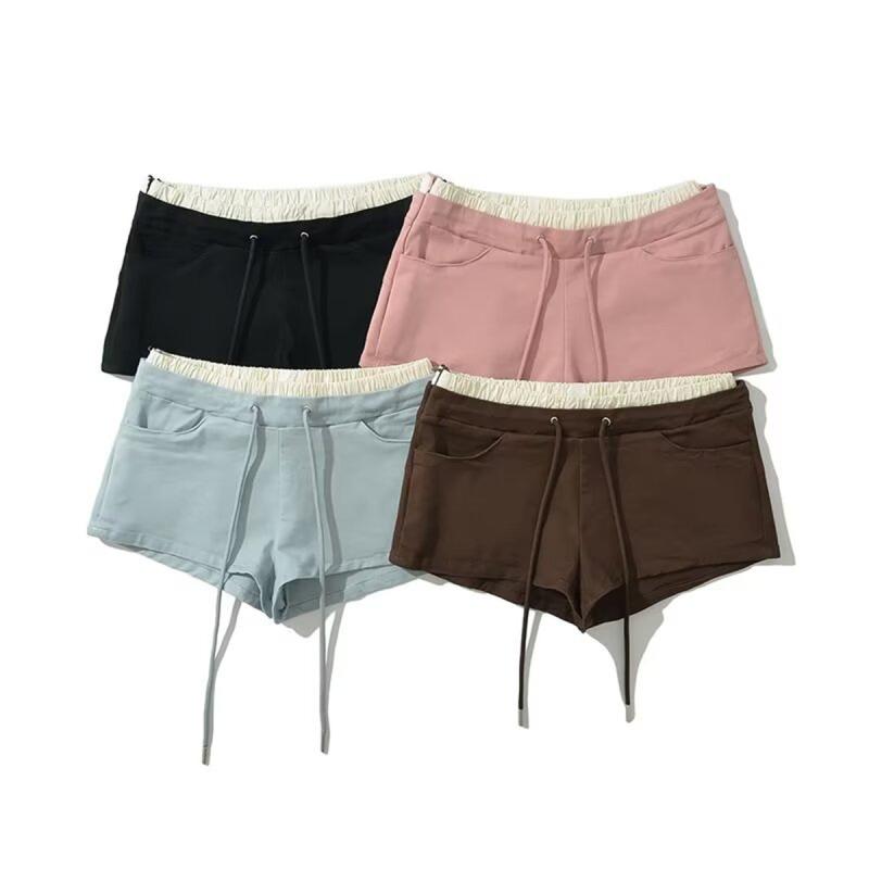 ショートパンツ レディース アメリカンレトロ 配色 ストレッチ 短パン ゴムウエスト ドローストリング ホットパンツ 3分丈パンツ 普段使い 部屋着 高見え コットン 伸縮性 ピンク系 ブラック ブルー ブラウン