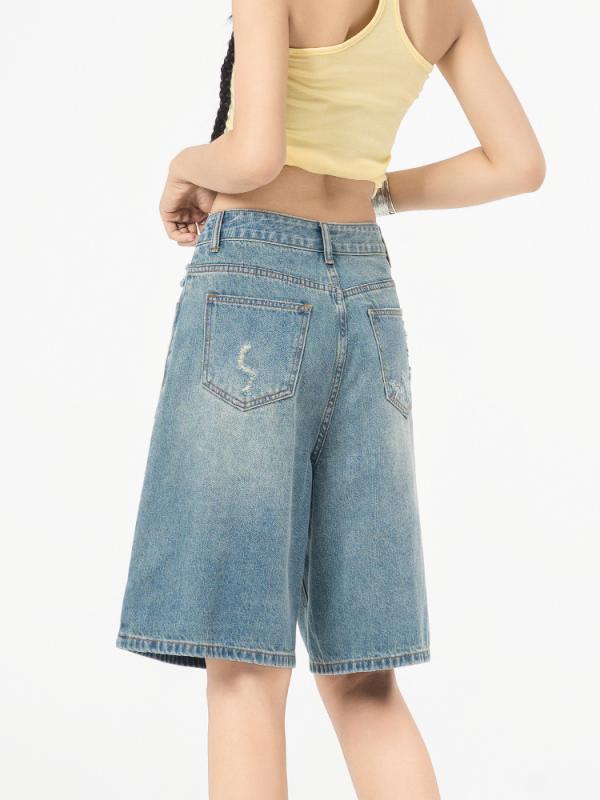 デニム レディース ショートパンツ 高めウエスト ゆったり ストレート 5分丈 ジーパン 半ズボン 普段使い 薄手 接触冷感