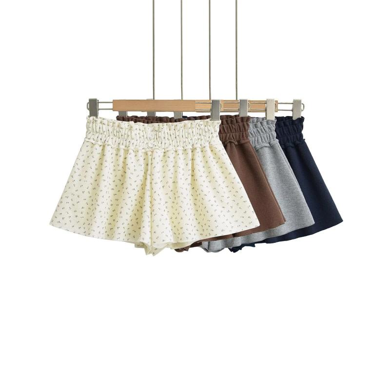 ショートパンツ レディース 高腰 ホットパンツ 部屋着 ゆったり ワイドレッグ プリーツパンツ 綿 杏色