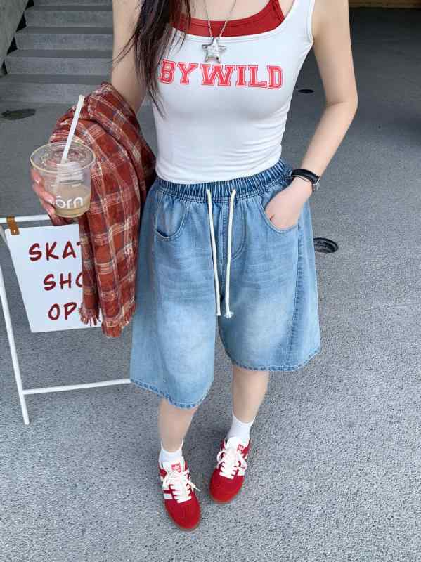 ジーンズ レディース ハーフパンツ デニムパンツ 韓国 高見え スタイルアップ カジュアル 普段使い 接触冷感 綿 深青 薄青1