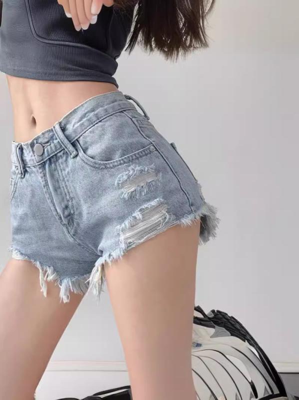 Cropped Pants - デニム レディース ショートパンツ 春夏 黒 グレー ブルー ダメージ加工 ハイウエスト Aライン ウォッシュ加工 ゆったり 短パン ホットパンツ ジーパン ジーンズ ポリエステル 文芸風 レトロ 快適 伸縮性