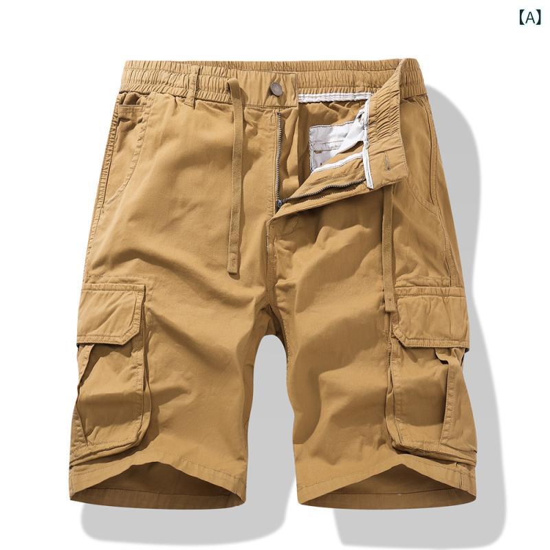 Pants - パンツ メンズ 男性用 カーゴパンツ ハーフパンツ ショートパンツ 5分丈 コットン 混紡 ゆったり ストレート 複数ポケット 普段使い アウトドア 土黄色 深棕色 黒 軍緑 青 薄グレー 深グレー カーキ