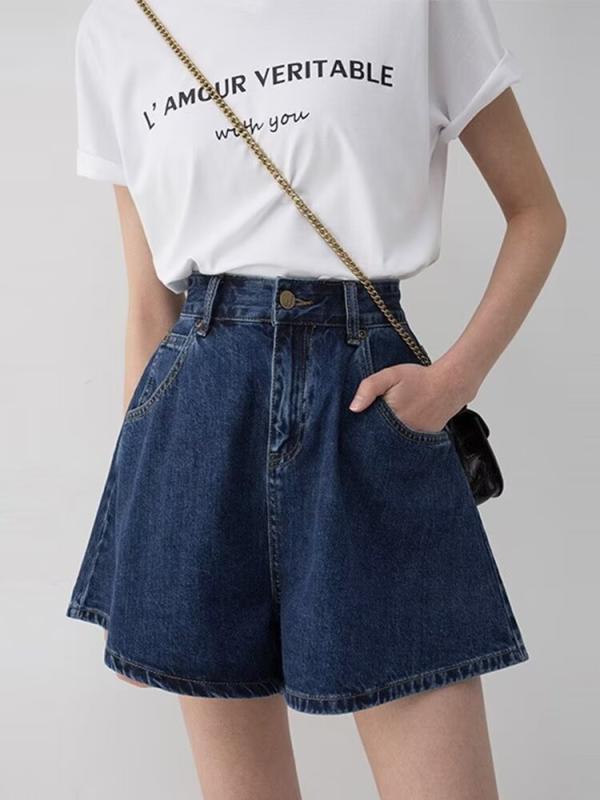 デニム レディース ホットパンツ 春夏 大きいサイズ ハイウエスト ゆったり Aライン 短パン ワイド 薄手 通勤 ポケット付き 伸縮性 深青色 紺色