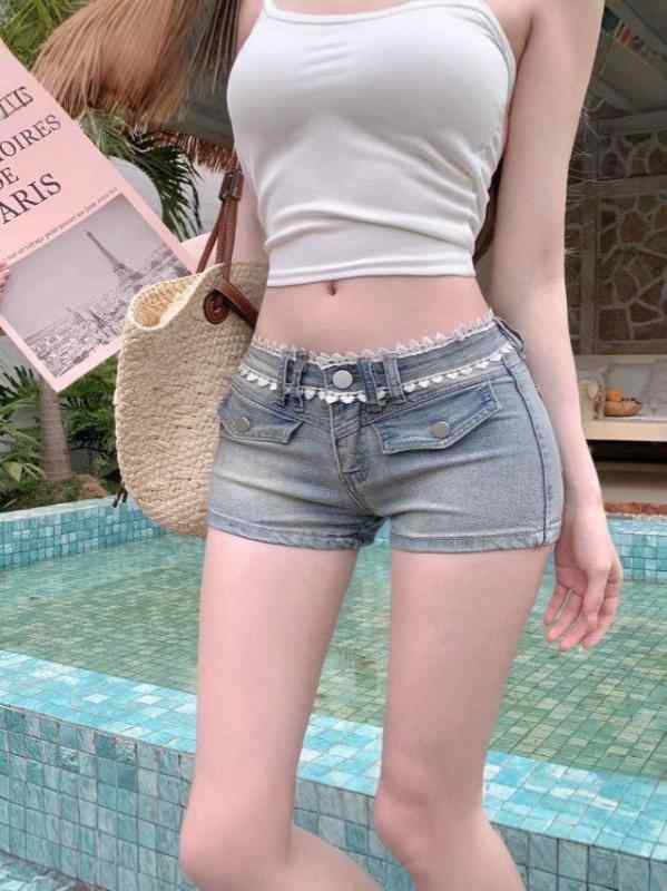 デニム レディース ホットパンツ ローライズ ショートパンツ レース 切り替え ジーンズ ジーパン スリム タイト ストレート 伸縮性 ストレッチ ブルー