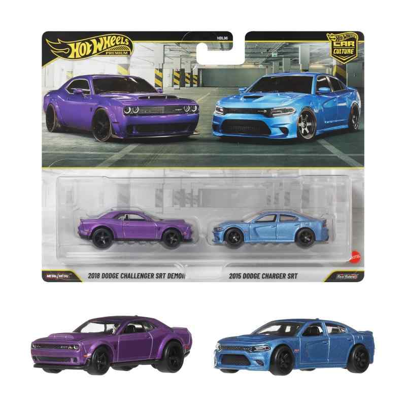 ホットウィール(Hot Wheels) プレミアム2パック 2018 ダッジ チャレンジャー SRT デーモン / 2015 ダッジ チャージャー SRT 乗り物おもちゃ ミニカー 3歳から パープル/ブルー JHW47