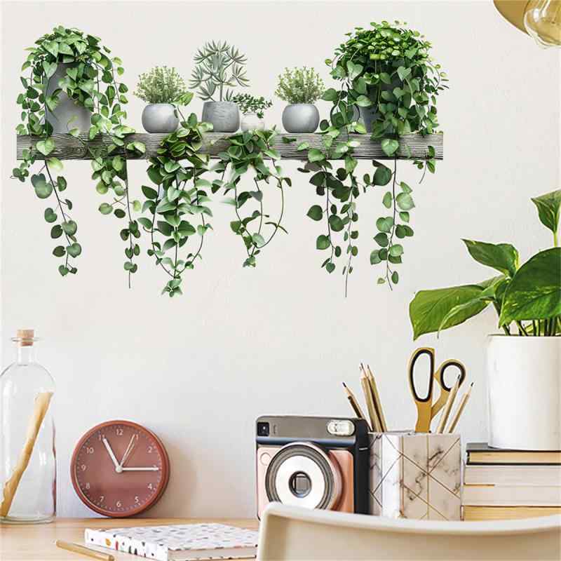 WALLMEII ウォールステッカー 緑のつる 鉢植え 観葉植物 グリーン 植物 緑の葉 ウォールシール 景色 壁飾り 子供 リビングルーム 寝室 インテリア