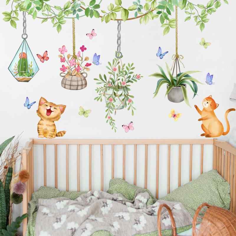 Condessacity ウォールステッカー 観葉植物 つる 鉢植え 緑の植物 花 おしゃれ 猫 蝶 グリーン 葉 壁ステッカー 吊り植物 壁紙シール はがせる ウォール ペーパー 防水 ウォールすてっかー wall st
