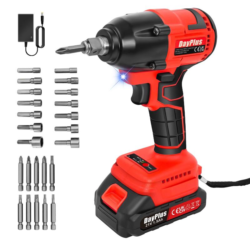 DayPlus 21V インパクトドライバー 電動ドライバー 最大トルク 350N・m ブラシレスモーター搭載 無段変速 正逆転両用 マキタ互換品 1500mAh バッテリー 付LEDライト付き 穴あけネジ締めにも使いや