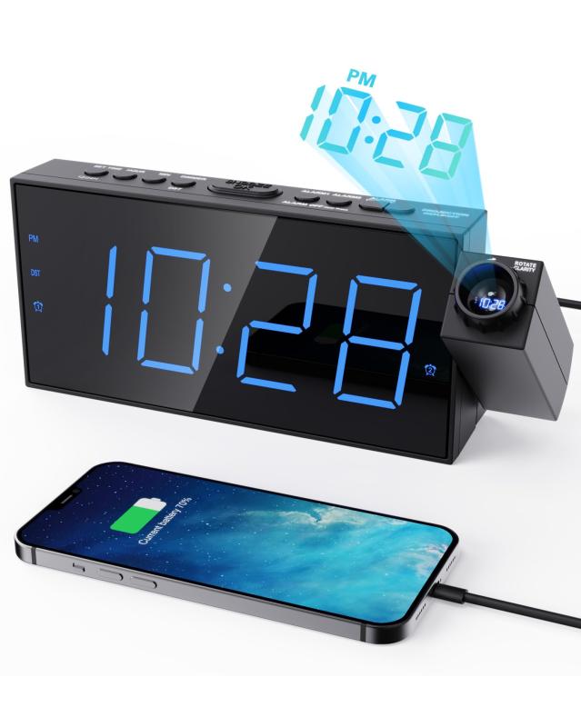 OnLyee Projection Alarm Clock for Bedroom, LED Digital on Ceiling Wall with USB Phone Charging, Battery Backup, 180° Rotatable