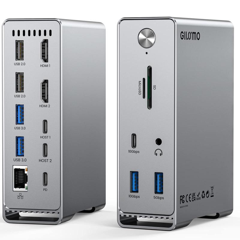 GIISSMO Macbook Pro/Air専用 14-IN-2 ドッキングステーション Type c Dock 3画面モード トリプルディスプレイ対応 MST機能 4K＠60Hz HDMIポート 100W出力 10Gbps USB-Aポート USB-Cポート USB3.2 Gen2対応 1Gbps イーサ【MacBook Pro/Air専用ドッキングステーション】14ポート×1ドッキング:4K@60Hz HDMIポート×2、10Gbps USB Cデータポート×1、5Gbps USB 3.0ポート×3、100W PDポート×1、USB 2.0×2、3.5mmイヤホンジャック×1、RJ45LANイーサネットポート。 1、3.0標準SD/TFカードスロット*ON-OFF*独立した充電スイッチにより、ケーブルの抜き差しの手間を大幅に軽減します。【MAC OS対応トリプルディスプレイモニター】2つの4K@60Hz HDMIポートを介して、MacBookから拡張モードまたは複製モードで最大3台のディスプレイに出力できます。 拡張モードでは、複数のディスプレイを接続して大きな単一画面を作成できます。 画像、動画編集、プログラミングなど、広い作業領域が必要な場合に最適です。 複製モードでは、各ディスプレイが同じ画面を出力することができます。 (注:M1またはM2チップを搭載したMacbook Pro 2020/2021/2022のトリプルディスプレイには対応していません。)【超高速データ転送 - 10Gbps】USB3.2 Gen2対応のUSB-CとUSB-Aポートを一度に1つ搭載し、最大10Gbpsのデータ転送速度をサポートし、作業をより効率的にします OTG機能、キーボード、マウスなどを追加したい場合は、USB-A 3.0が3つ、USB-A 2.0が2つ必要です。 さらに、3.0規格のSD/TFカードスロットは、最大2TBのSD/TFカードに対応し、読み取り速度は104MB/秒に達します。【100WPD充電&amp;1Gbpsイーサネットポート】このUSB-C PDポートの最大出力は100Wで、バッテリー残量も気にせず仕事やエンターテイメントを楽しめます。 使用環境によっては充電速度が実際の結果と異なる場合があります。 複数の大容量ハードドライブや複数(3)ポートを同時に使用する場合は、PD電源を本体に接続してからご使用いただくことをお勧めします。【GIISSMO 一年】GIISSMO 本製品には、人間の過失による損傷を除き、GIISSMO から12ヶ月のが付いています。 何かご不明な点がございましたら、お気軽にお問い合わせください。 (ご購入前にご不明な点がございましたら、こちらのページの「よくある質問」をご確認いただくか、お問い合わせください。)