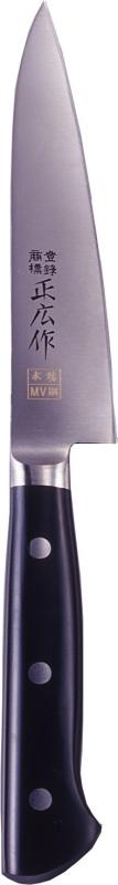 正広(マサヒロ) MV鋼本焼ペティーナイフ(両刃) 12cm 14802ハンドル材質:ステンレス鋼ブレードのエッジ:両刃一本一本、熟練職人による手研ぎで仕上げ、驚くほどの切れ味を実現した正広オリジナル特殊ステンレス鋼材に三段階焼入れにて、焼入れ硬度や細粒組織を改善抗菌剤入りの樹脂性ハンドルは、抗菌対策に優れ、耐腐食性も良い