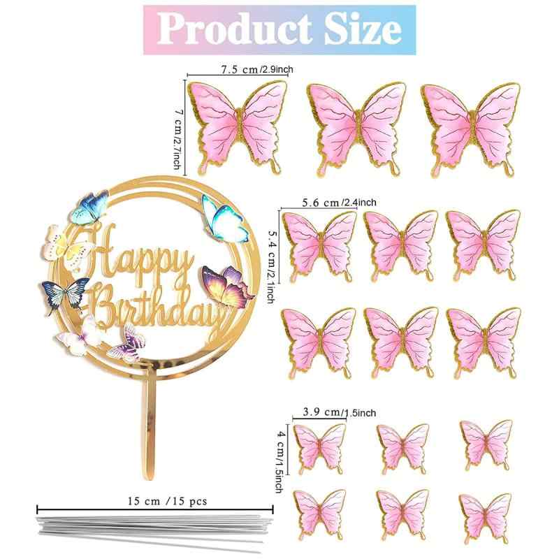 LINEAR shopのケーキトッパー 蝶 16枚セット バタフライ Happy Birthday ケーキ トッパー ケーキ飾り ケーキ挿入 デコレーション お誕生日 お祝い ウェディング 結婚式 記念撮影 七五三 パーティーグッズ 写真｜アングル2