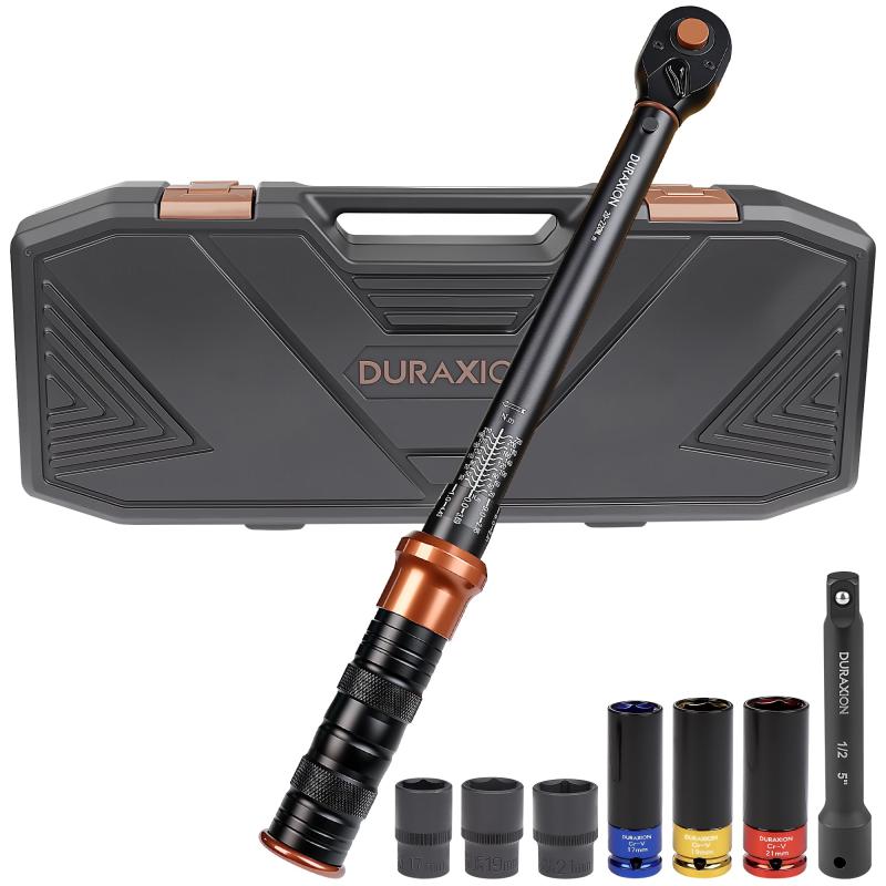 DURAXION 1/2インチトルクレンチセット 車 タイヤ交換 プレセット型 差込角12.7 mm 20-220N.m 8点組 バイク 自動車 エンジン 機械の整備 高精度 正方向±3％ 逆方向±5％ ダブル目盛り見やすい 大きい
