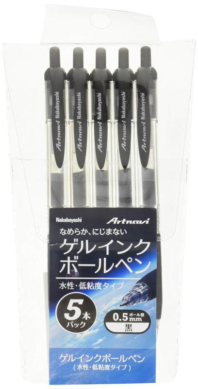 ナカバヤシ 水性低粘度ゲルボールペン 5本パック ブラック LBPS-01D-5P本体寸法:W138×径10mm本体:ABS樹脂+ゴム、ペン先/スチール・0.5mm、インク/低粘度水性インク、バネ/スチール本体重量:1本/9g