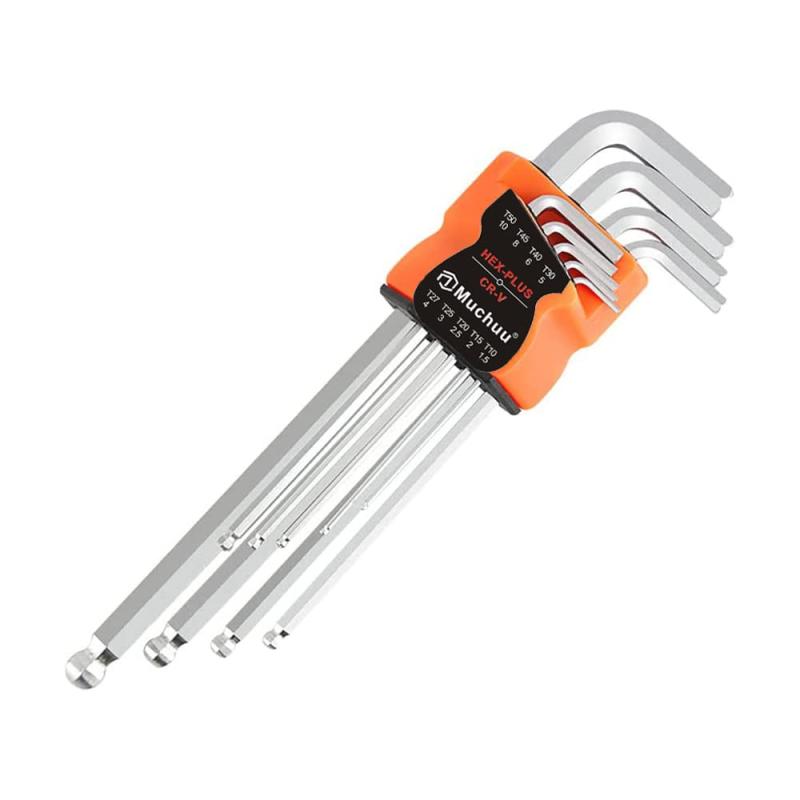 Muchuu 六角レンチ セット 9 本組 ボールポイント L 型六角棒レンチ 1.5-10mm クロムバナジウム鋼製 メートル/インチ両対応 自転車 バイク 家具組み立て 工具セット プラスチックケース付き【9 本セット・サイズ豊富】1.5mm、2mm、2.5mm、3mm、4mm、5mm、6mm、8mm、10mm の 9 本セット。メートルサイズとインチサイズの両方に対応し、様々なボルト・ネジに使用可能です。プラスチックケース付きで収納も便利。【クロムバナジウム鋼製】Cr-V 鋼製で耐久性に優れ、長期間使用しても変形しにくい設計。表面はクロームメッキ仕上げで、錆びにくくお手入れ簡単。先進的な熱処理技術により、硬度と靭性を両立しています。【ボールポイント・L 型設計】最大 25 度の傾斜角度で、狭い場所でも斜めから挿入可能。L 型デザインでテコ原理により、少ない力で強力な締め付けができます。両用ヘッドでメートル・インチ両対応。【多用途・幅広く対応】自転車・バイクのメンテナンス、家具組み立て、機械修理、車整備、DIY 作業など幅広く活躍。家庭用からプロ用まで対応します。プラスチックケースにサイズ明記付きで、必要なサイズがすぐ選定できます。【安心・サポート付き】Muchuu は品質に自信があります。ご購入日より 180 日間の品質付き。商品に問題がございましたら、カスタマーサポートまでご連絡ください。24 時間以内に対応いたします。