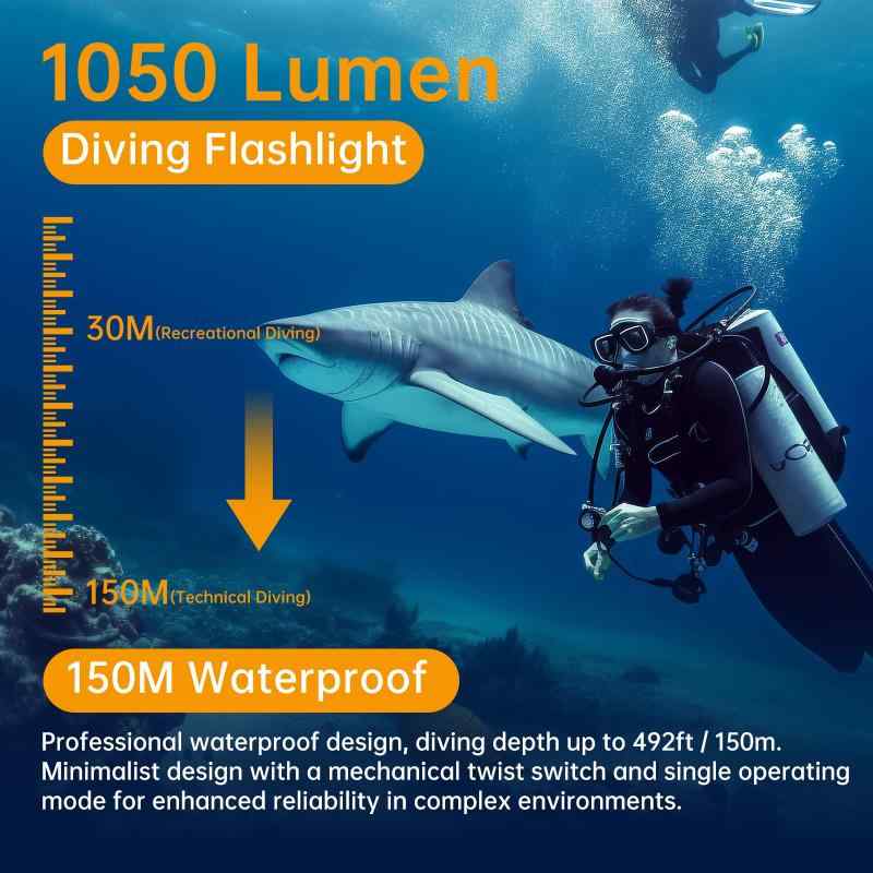 LINEAR shopのSecurityIng DF08 ダイビングライト 1050ルーメン 明るい U4 LED 水中ライト IPX-8防水 水中150M 1つ点灯モード ダイビング・ナイトダイビング・スキューバダイビングライト 単二型電池・18650・26650バ｜アングル2