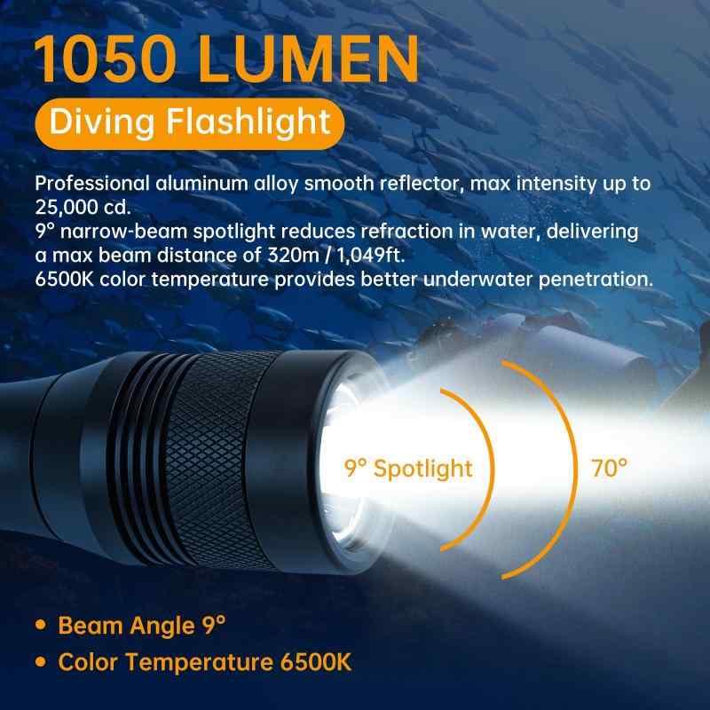 LINEAR shopのSecurityIng DF08 ダイビングライト 1050ルーメン 明るい U4 LED 水中ライト IPX-8防水 水中150M 1つ点灯モード ダイビング・ナイトダイビング・スキューバダイビングライト 単二型電池・18650・26650バ｜アングル3