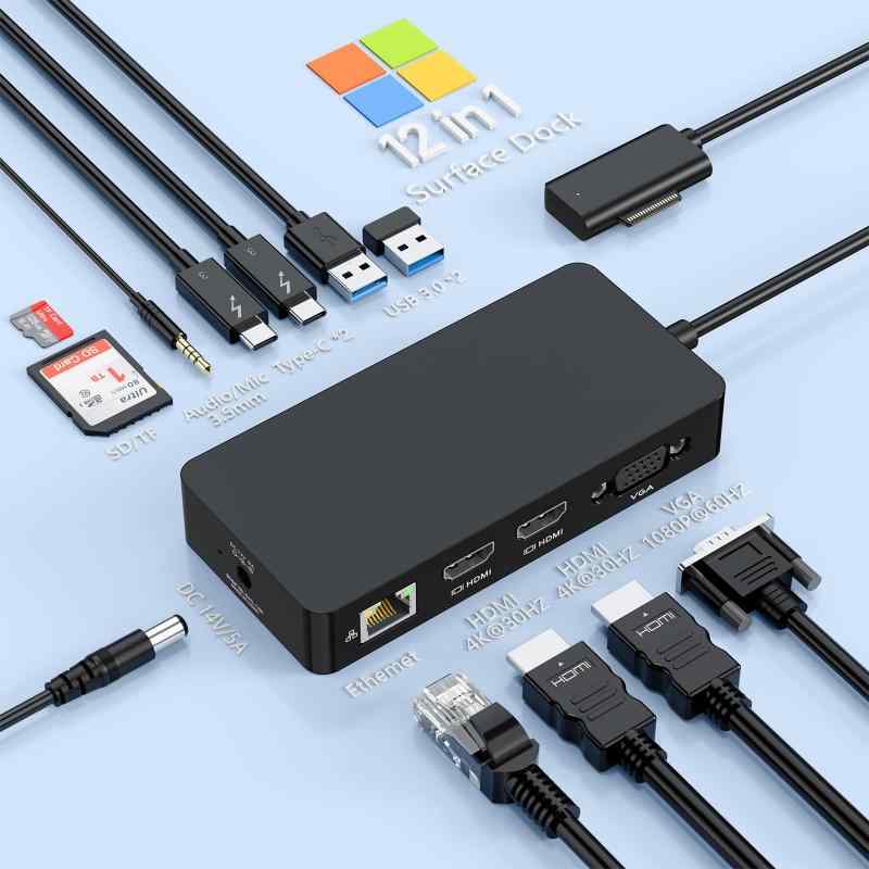 Surfaceドックドッキングステーション、12-in-1 Surface Dockトリプルディスプレイ対応 VGA +デュアル4K HDMI Surfaceドック、3画面拡張 USB3.0、3.5mmオーディオ音声、SD＆TFカードリーダー、Surfa