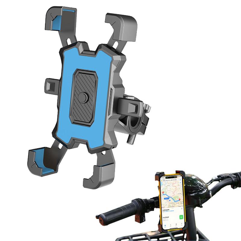 自転車 スマホ ホルダー ワンタッチ固定式ロードバイク スマホホルダー 360度回転自転車 携帯 ホルダー GPSナビ 脱落防止 強力固定 適用 4.8-6.8インチ (ブルー)【多機種に対応】4本のアームの伸縮により，4.8-6.8インチのスマホなら全て適用です自転車、マウンテンバイク、バッテリーカー、オートバイ、その他のモデル【取り付けが楽チン】工具いらず、超簡単に着脱可能です固定時にはスマートフォンを置いて真中のロックボタンを触るだけでOK固定用アームが自動収縮し、スマートフォンをしっかり固定してくれますまた、取り外し時には本体両側に設置された革新的なスイッチを押し込むことにより固定用アームが開き一瞬で解除可能片手でもワンタッチで着脱出来て非常に便利です【優れた使用感】ホルダーは360度角度回転可能なため、自分の好みに角度が調整出来ますまたスマートフォンの四隅を固定する方式を採用しているため、ホルダーに取り付けたままボリューム調整や電源ボタンの操作をすることが可能、装着しながら充電コードを挿すこともでき、モバイルバッテリーなどで充電しながら使用できるため、Googleマップなどの使用による電池切れの心配もありません【強力な実用性】： 自転車、マウンテンバイク、オートバイ、ビーパー、ショッピングカートなどの場合、 付属の付属品を使用して、自転車のスマートフォンマウントをバイクに取り付けることができますより快適なライディング体験をお届けします【優れた安定性】スマートフォンの四隅をしっかりガード、鷲の爪のようにしっかりとつかみ固定する頑丈な構造を採用しており、安定感は抜群また、ハンドルパイプへの固定はベルト式で、太さに合わせて微調整が可能ベルトの二重固定式ネジとパイプ設置面に設置された滑り止めゴムにより高いフィット感を実現、砂利道や段差のある場所を走行する際にかかる大きな振動も吸収し、スマートフォンへの衝撃を最小限に抑制します