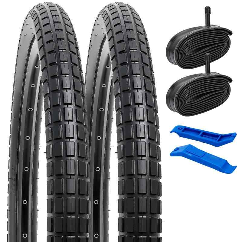 YunSCM 2本セット,26 2.125 タイヤ,26x2.125 57-559 自転車タイヤ + チューブ 米式バルブ32mm+タイヤレバー,適用 26インチ 2.125 クロスバイク、マウンテンバイク,W-2026✅【超耐久性 最新デザイン折りたたみタイヤ】：最新デザイン折りたたみタイヤ,振動の収束が速くなって、地面が滑らかになったような感覚があります。26 2.125 タイヤは良質なゴム材料と高編糸で作られ、グリップ力が強く、耐摩耗性が強い。✅【適用範囲】：外タイヤサイズ26x2.125 57-559、米式バルブ32mmのマウンテンバイク、クロスバイク、MTBに適用する。タイヤ空気圧：40PSI。チューブのエアインテークは,オートバイや自動車と同じ仕様です,簡単にエアーを入れることができ楽でした。車で使っている空気圧計がそのまま使えるようになり、空気圧の管理がとても簡単になりました。注意：購入前にタイヤのサイズをチェックしてください。タイヤサイズは通常外タイヤの側面に表示されます。注目：私たちのタイヤは通常の走行用途です。極限クロスカントリー、超荷重、改造車などの非通常用途は、私たちの通常のアフターサービスの範囲ではありません。このような需要がある購入者は慎重に選択して使用してください。✅【取り付けやすい】：高品質プラスチック製タイヤレバー2本を含むので、タイヤを交換するのが簡単です。タイヤの交換に役立ちます。✅【折り畳み可能】：自転車タイヤ 26 2.125,自転車チューブはすべて折り畳み可能で、折り畳んだ後は体積が小さく、携帯しやすく、袋の中に入れて長距離旅行の予備タイヤとすることができる。✅【予算節約】：自分でやると、地元の店に行ってタイヤを交換するよりも予算を節約できます。スペア自転車のチューブとして、チューブが破裂した後に走行できない気まずい思いを防ぐことができます。✅【アフターサービス】：何か問題があれば、いつでも連絡してください。すぐに満足できるソリューションを提供します。鋭利な工具の使用を避け、工具がチューブを傷つけないようにする。