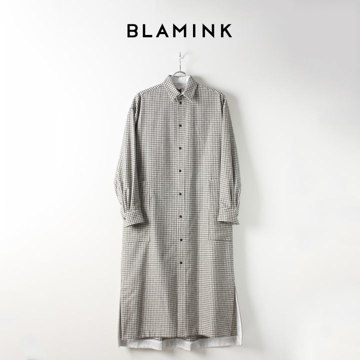 BLAMINK ブラミンク ウールチェック バックギャザー レギュラーカラーワンピース 7926-230-0171-OFF WHITE-AIA