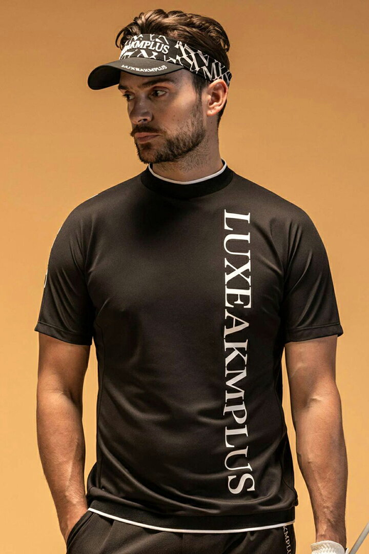 楽天link bar【20％OFFプレセール】LUXEAKMPLUS リュクスエイケイエムプラス ゴルフ バーチカルロゴ半袖モックネックTシャツ（吸水 / UVカット）{-BES}