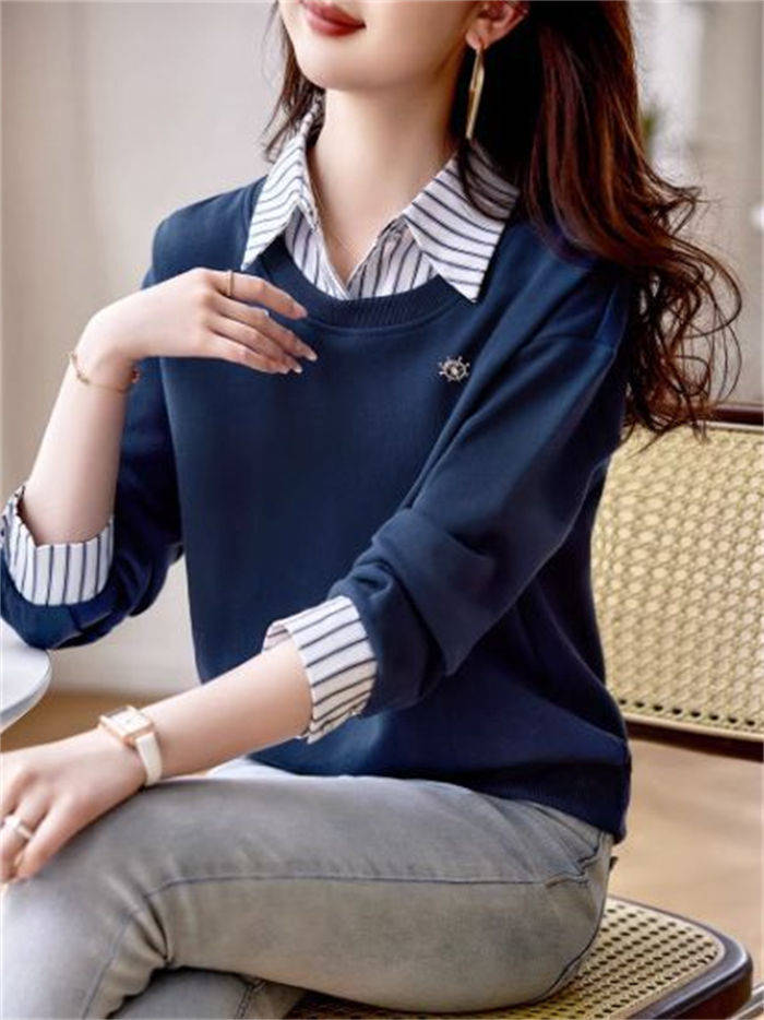 レイヤード風 トレーナー スウェット トップス 長袖 レディース シャツブラウス tシャツ Tシャツ レイヤードトップス シャツ襟 折り襟 ゆったり ゆる ストライプ柄 体型カバー 大きいサイズ 切り替え 可愛い 春夏 シンプル フェイクレイヤード 20代 30代 40代 送料無料
