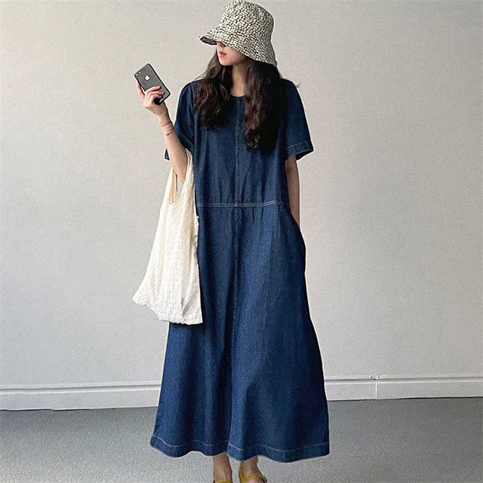 デニム ワンピース レディース 半袖 無地 ラウンドネック デニム ワンピース ワンピ 通勤 OL 着痩せ オシャレ カジュアル 春 夏 秋 ストリート 着痩せ ロング丈 Aライン ゆったり ロング シンプル レトロ 大人 オフィス 体型カバー 20代 30代 40代 着回し 都会 送料無料