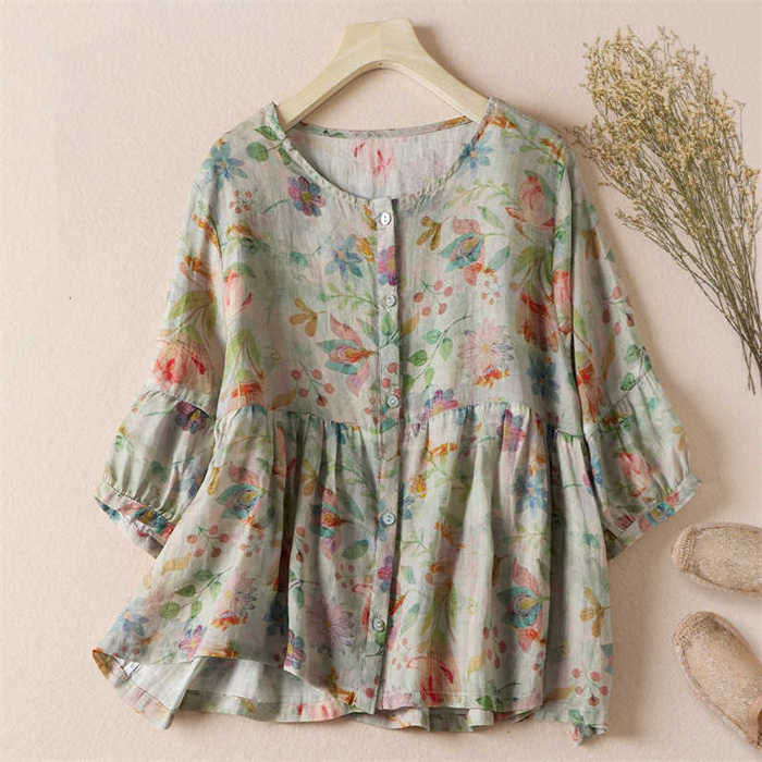 シャツ レディース ブラウス 大きいサイズ シャツブラウス トップス 花柄 Tシャツ tシャツ 前開き プリント 綿麻 コットン リネン 七分袖 春 夏 大人 カジュアル ボタン付き レトロ 体型カバー ゆったり 着痩せ 通勤 OL オフィス 20代 30代 40代 可愛い 送料無料