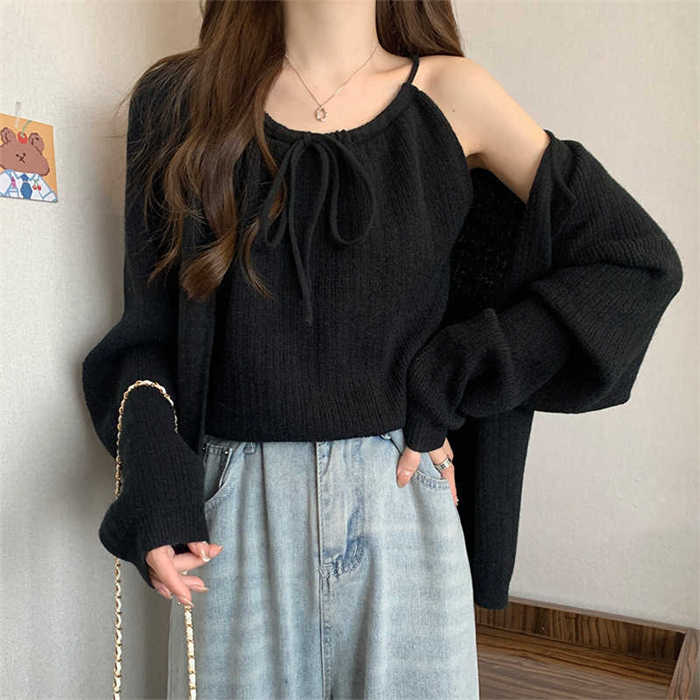 セットアップ 2点セット ニット キャミソール カーディガン タンクトップ レディース トップス 上着 羽織り 長袖 プルオーバー ゆったり ラウンドネック 前開き 大きいサイズ 夏 春 秋 紐 着瘦せ カジュアル 重ね着 体型カバー 着回し 20代 30代 40代 送料無料