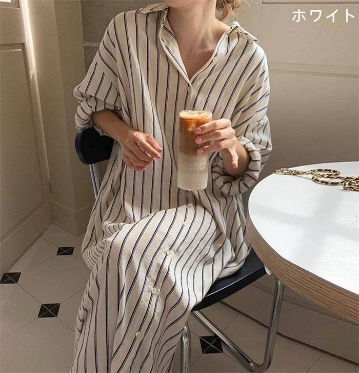 即納 シャツワンピース ストライプ レディース ワンピース 折り襟 ロングワンピー...