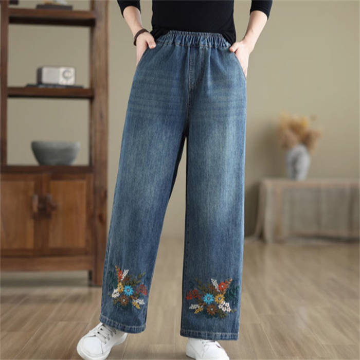 デニム パンツ レディース 新作 刺繍 花柄 ロング パンツ 綿 ロングパンツ ボトムス 体型カバー 大きいサイズ 春 秋 洗える ウエストゴム 着痩せ 美脚 レトロ 通勤 OL オフィス 大人 ゆったり カジュアル エレガント ストリート 着回し 30代 40代 50代 お洒落 送料無料
