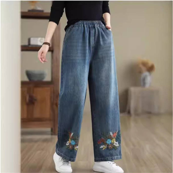 デニム パンツ レディース 新作 刺繍 花柄 ロング パンツ 綿 ロングパンツ ボトムス 体型カバー 大きいサイズ 春 秋 洗える ウエストゴム 着痩せ 美脚 レトロ 通勤 OL オフィス 大人 ゆったり カジュアル エレガント ストリート 着回し 30代 40代 50代 お洒落 送料無料