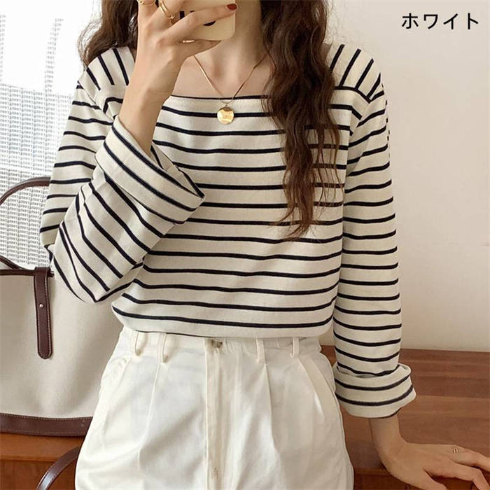 即納 Tシャツ tシャツ レディース 新作 ボーダー柄 スクエアネック 綿 長袖 トップス プルオーバー シャツ シャツブラウス デザイン感 エレガント きれいめ カジュアル かわいい ゆったり レトロ 通勤 OL オフィス 大人 着回し 送料無料のサムネイル