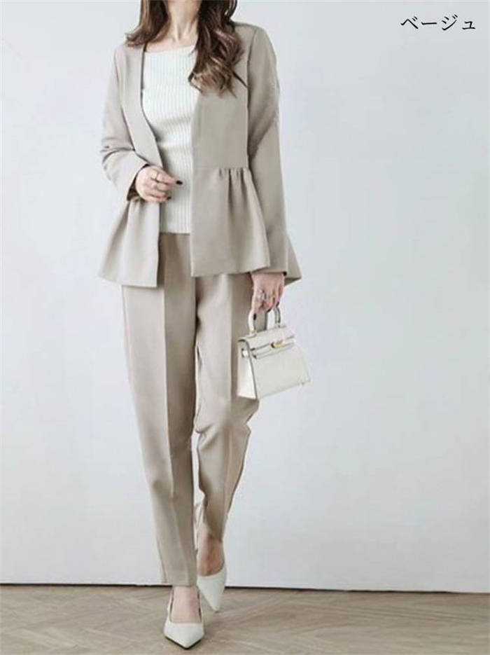 パンツセット フリル レディース パンツスーツ 新作 スーツ 長袖 綿 無地 セットアップ 2点セット 春 秋 デザイン感 ロングパンツ コート ビジネススーツ 上下セット フォーマル エレガント 大人 入学式 卒業式 ビジネス オフィス 通勤 OL 20代 30代 40代 50代 送料無料