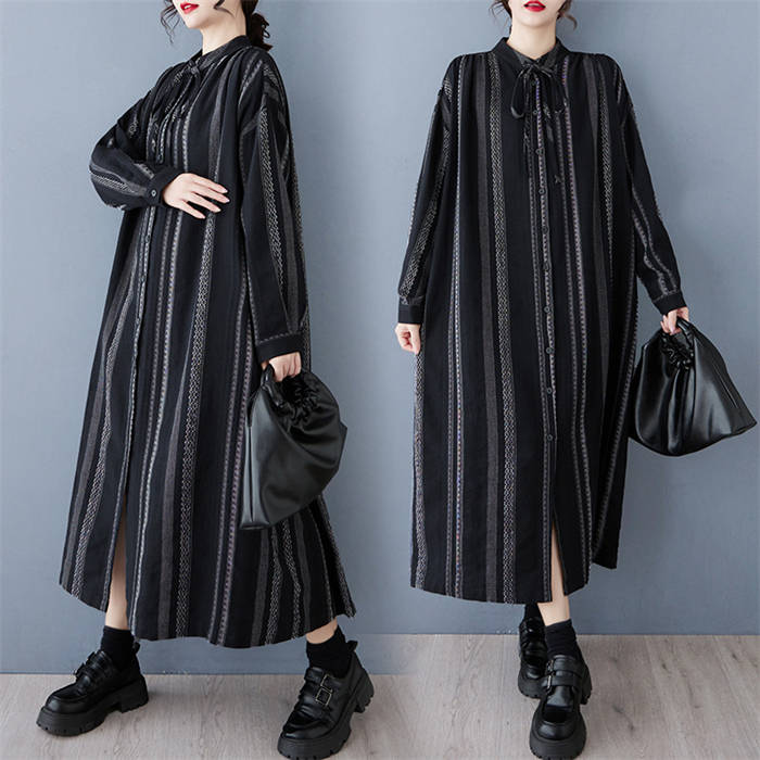 シャツワンピース レディース 新作 ストライプ 長袖 シャツ ワンピース ロングワンピース 綿麻調 立ち襟 紐 前開き 羽織り ロング ワンピ アウター デザイン感 体型カバー ゆったり ボタン お洒落 カジュアル 大きいサイズ 通勤 OL オフィス 大人 着痩せ 春 秋 送料無料