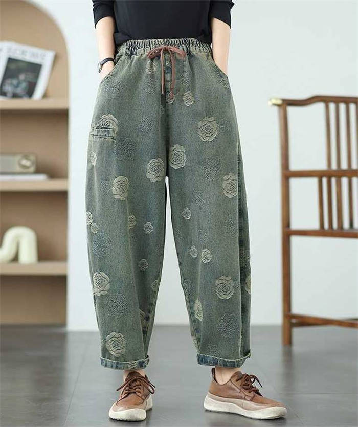 デニム パンツ 花柄 レディース 新作 デニムパンツ ロング パンツ 綿 テーパードパンツ ボトムス 9分丈 ロングパンツ デザイン感 ウエストゴム 紐 体型カバー 大きいサイズ 春 夏 着痩せ 美脚 レトロ 通勤 OL ゆったり カジュアル 着回し 30代 40代 50代 お洒落 送料無料