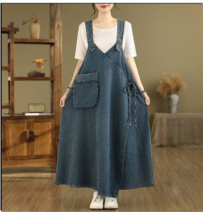 デニム サロペット ワンピース レディース 新作 ジャンパースカート デニムワンピース 無地 オールインワン アシンメトリー デザイン感 ロング ワンピ 春 夏 秋 ゆったり 体型カバー 着痩せ レトロ カジュアル 重ね着 通勤 OL 大人 大きいサイズ お洒落 可愛い 送料無料